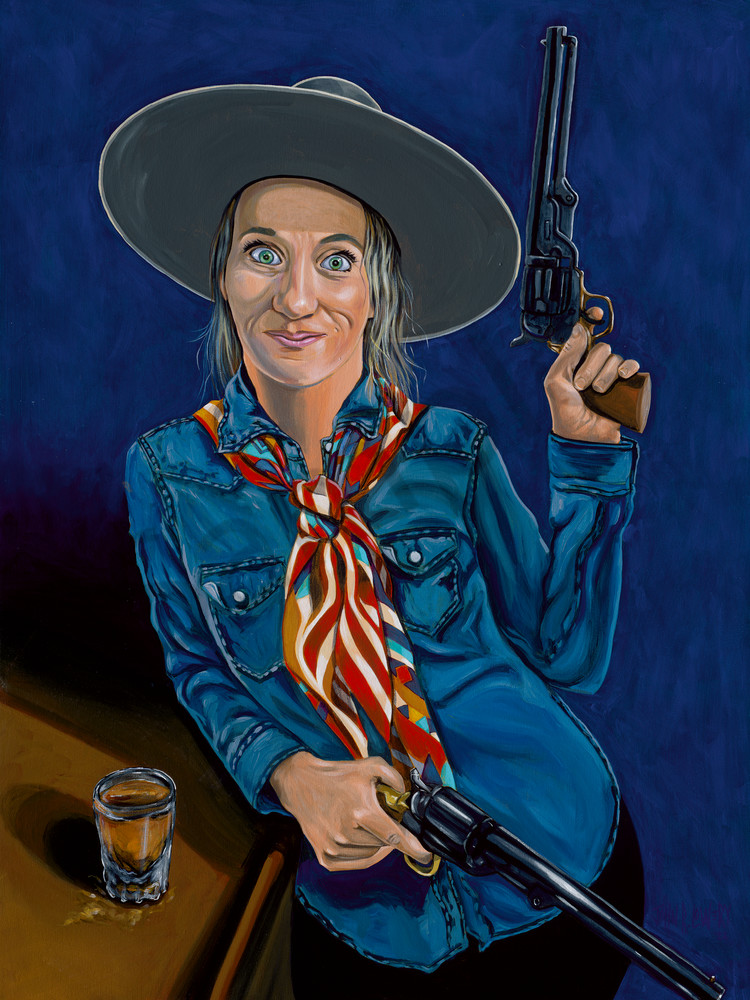 Original painting of a cowgirl with pistols and shot glass, available as art prints.
