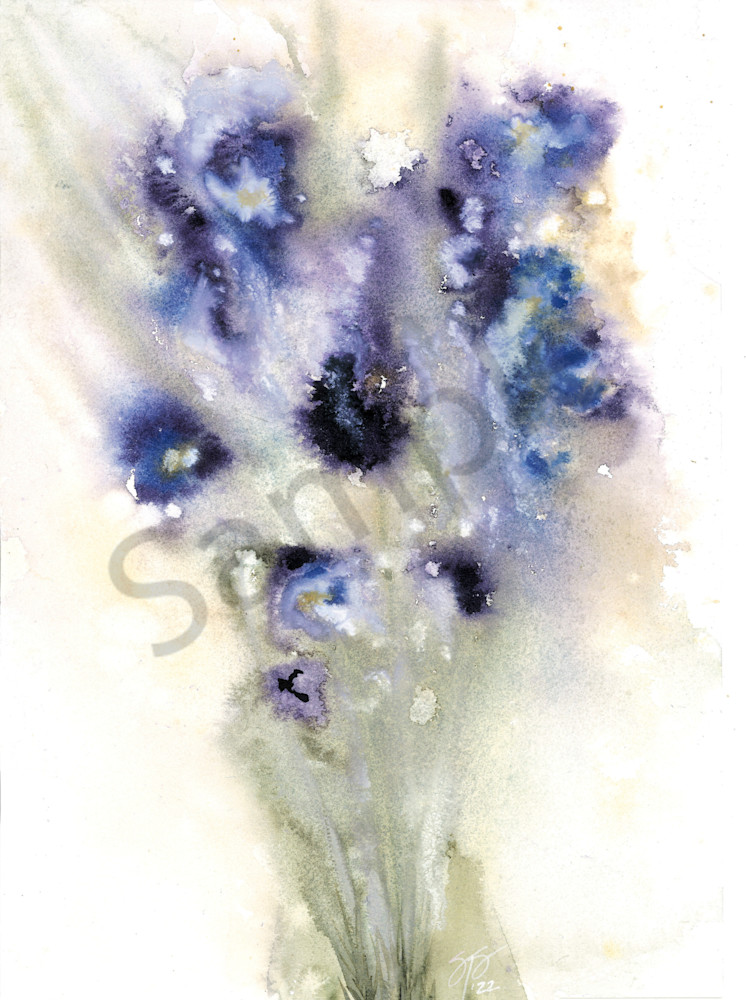 Purple and Blue Abstract Flowers - watercolor painting reproducation