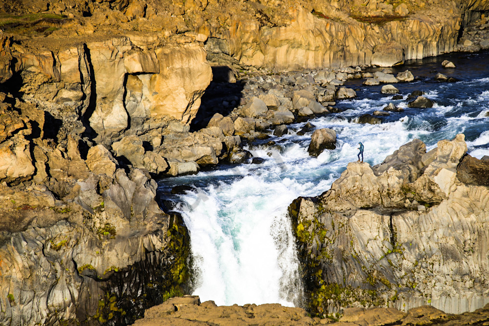 Hiker Stands Beside Aldeyjarfoss Waterfall Photography Art | Photography by SC