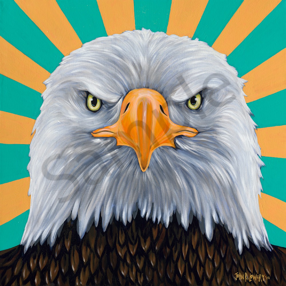 Colorful paintings featuring bald eagles,  by John R Lowery sold as art prints.