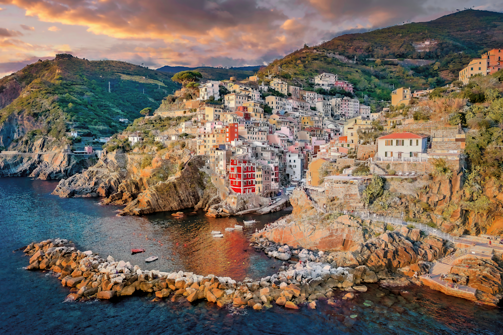 Art Print Riomaggiore Cinque Terre Italy Ligurian Sea and Sunset