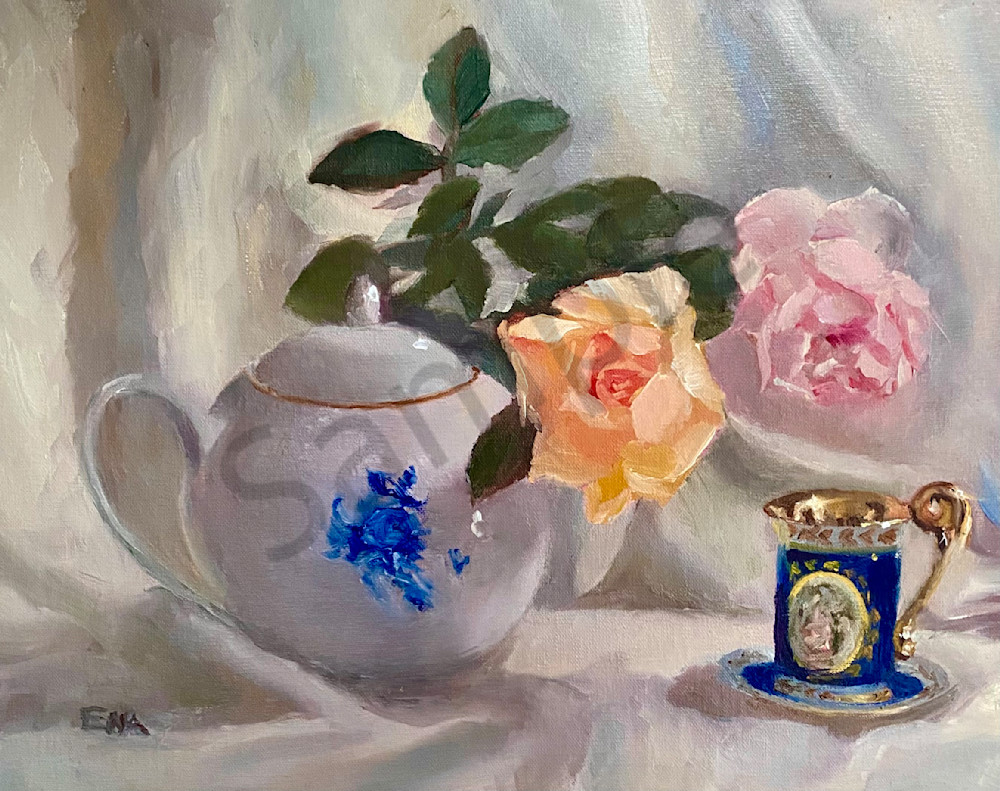 Demitasse, Teapot, And Roses Art | Ena M Raquer
