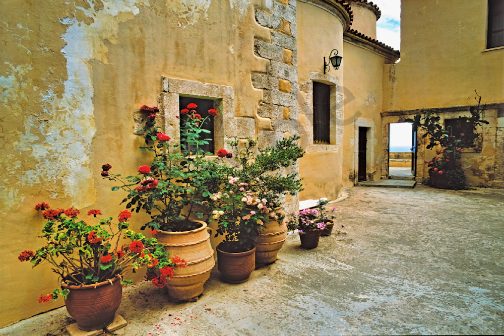 Art Print Gonia Odigitria Monastery. Crete Greece Wallflowers