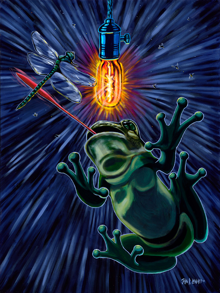 Original painting of a tree frog and a dragon fly under a light at night, available as art prints.
