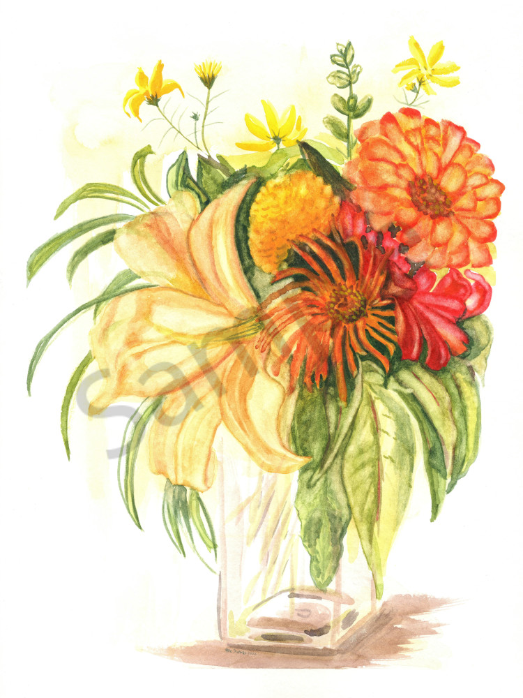 Zinnia Flower Watercolor Wall Art 