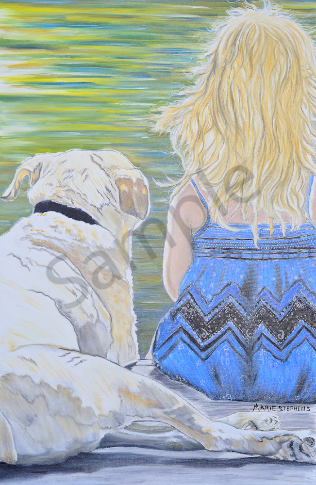 Girl In Blue Dress With Her Dog Art | Marie Stephens Art
