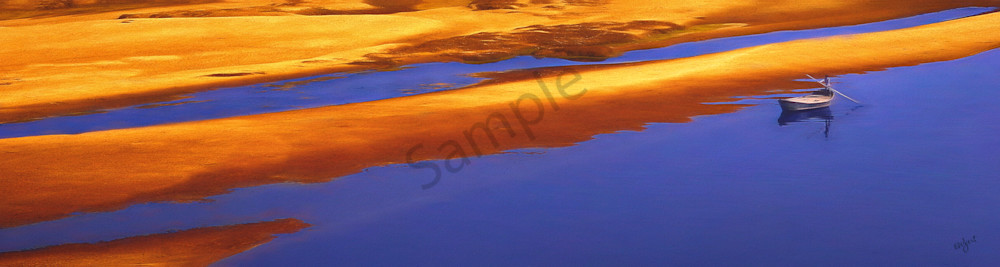 Blue and Gold Water Scene of a Man in a boat in India