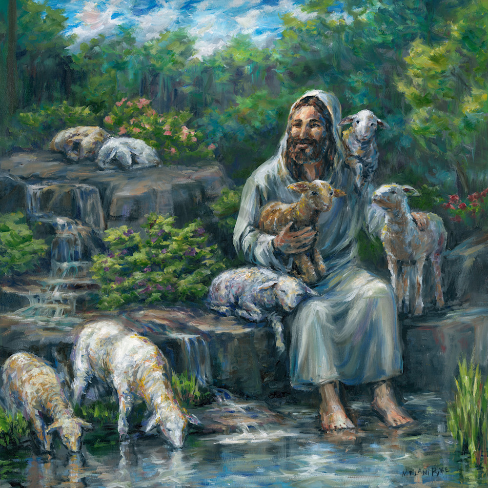"Jesus With Lambs By Waterfall" by Canadian Prophetic Artist Melani Pyke | Prophetics Gallery