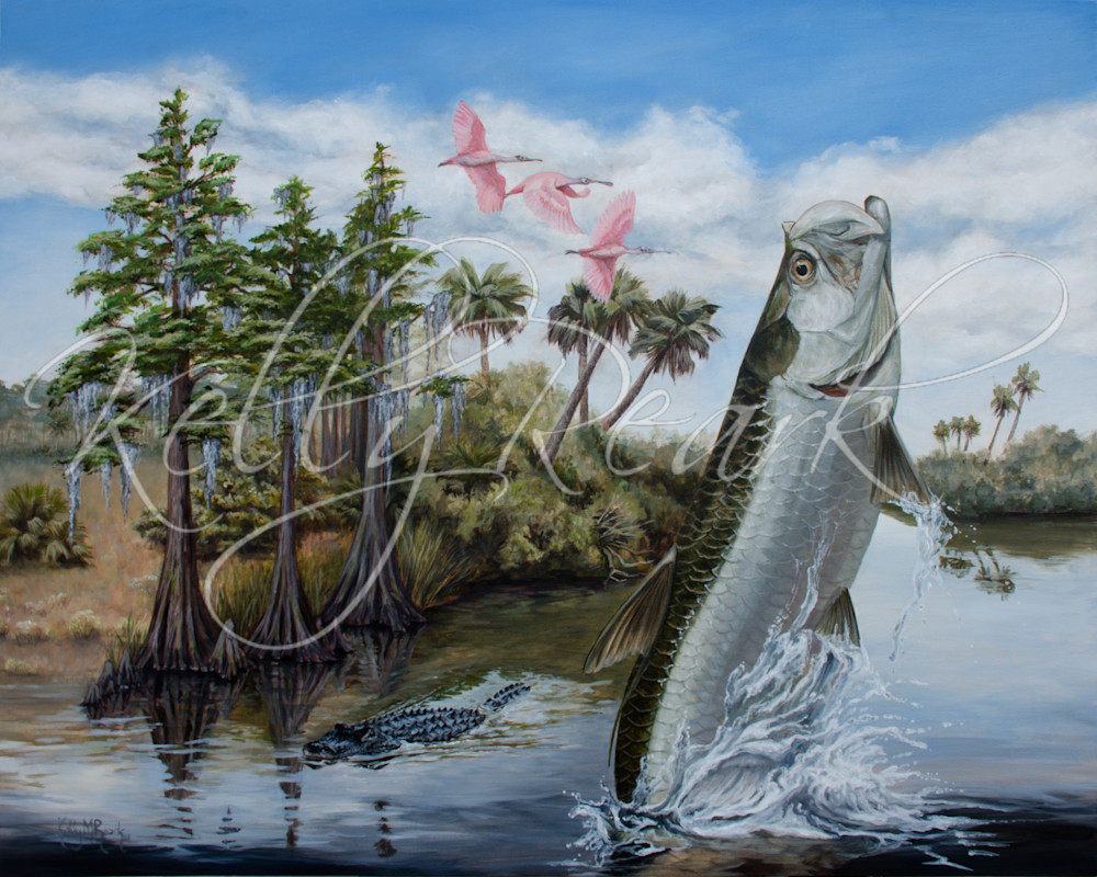 On the Edge of Peace painting of a tarpon, alligator, spoonbills and cypress by Kelly Reark
