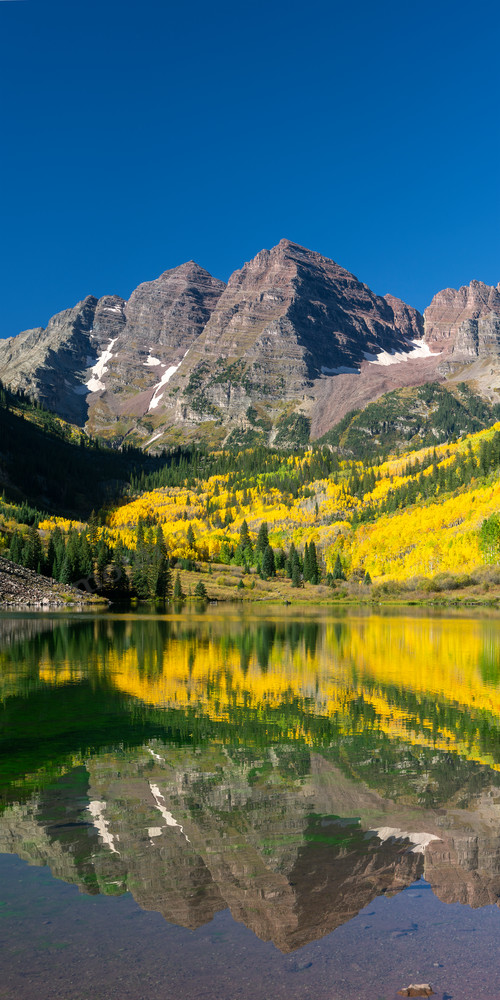 mountain light images fall at maroon lake on a colorful morning golden aspen glow in the morning light as the maroon bells take on a hint of their namesake color