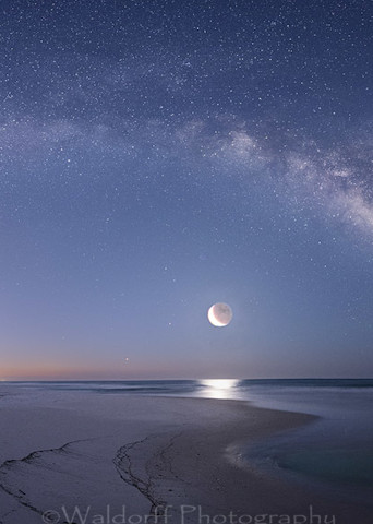 The Milky Way and Crescent Moon rising over the Gulf of Mexico on Gulf Islands National Seashore | Waldorff Photography