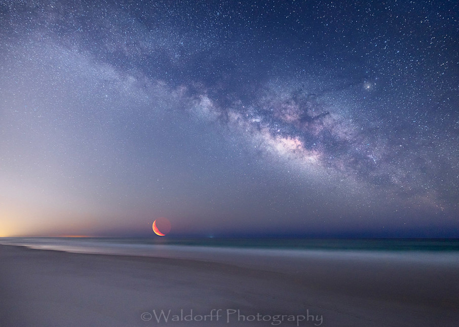 The Milky Way and Crescent Moon rising over the Gulf of Mexico near Pensacola  | Waldorff Photography
