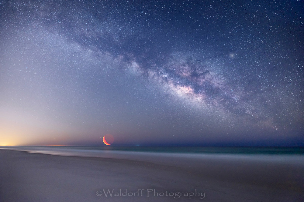 The Milky Way and Crescent Moon rising over the Gulf of Mexico near Pensacola  | Waldorff Photography