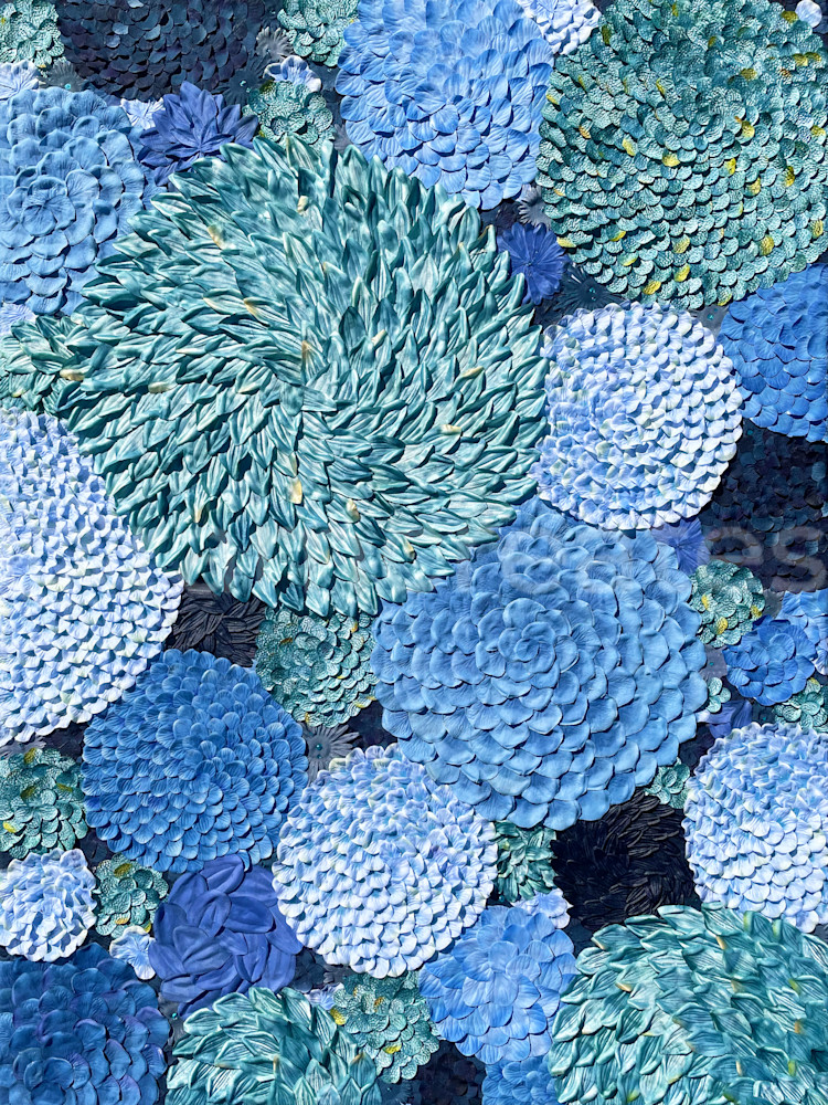 blue monochromatic flower petal abstract art, calm water