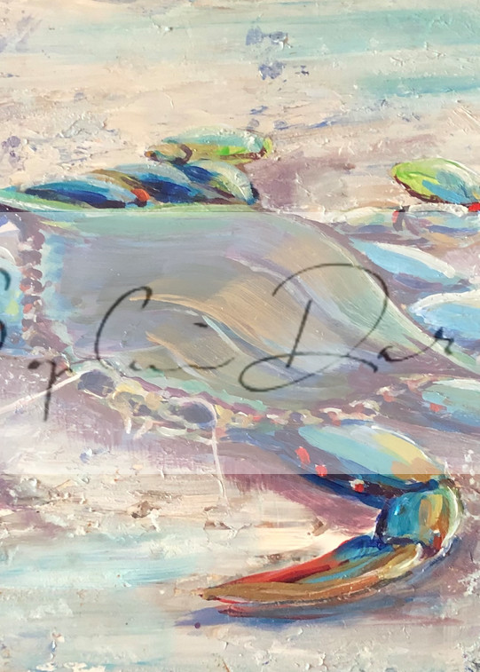 blue crab painting with gold as a coastal print by sophie dare