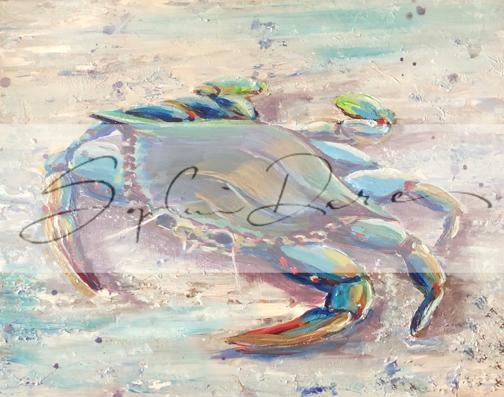 blue crab painting with gold as a coastal print by sophie dare