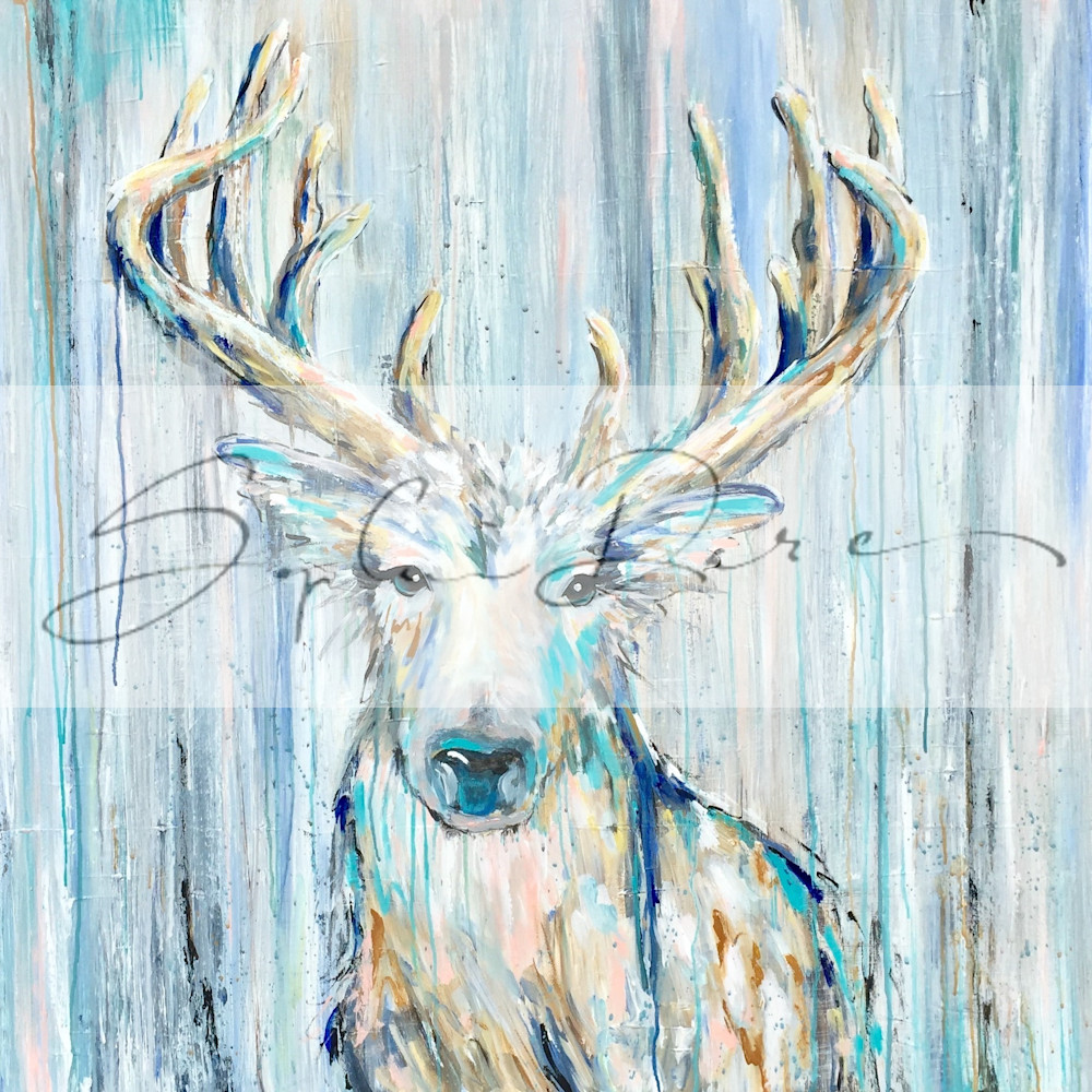 wildlife deer painting with teal and blue drippy abstract background