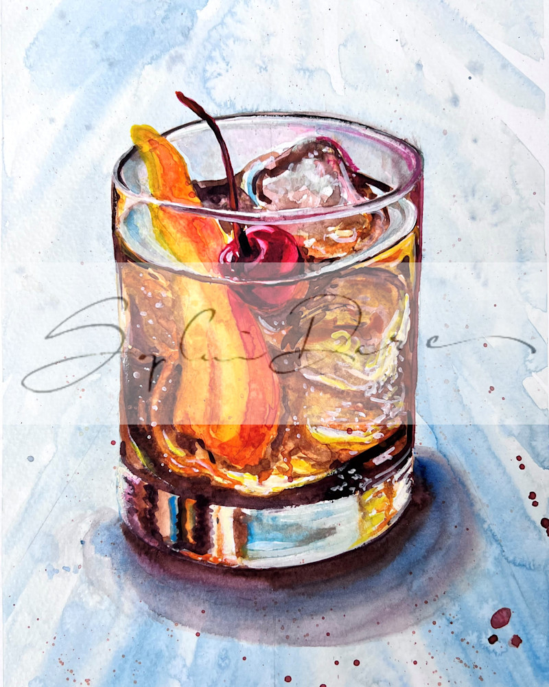 old fashioned drink made with quality whisky or a colorful print on the wall painted by Sophie Dare