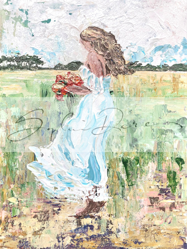 girl gathering flowers in a field print of palette knife painting by sophie dare