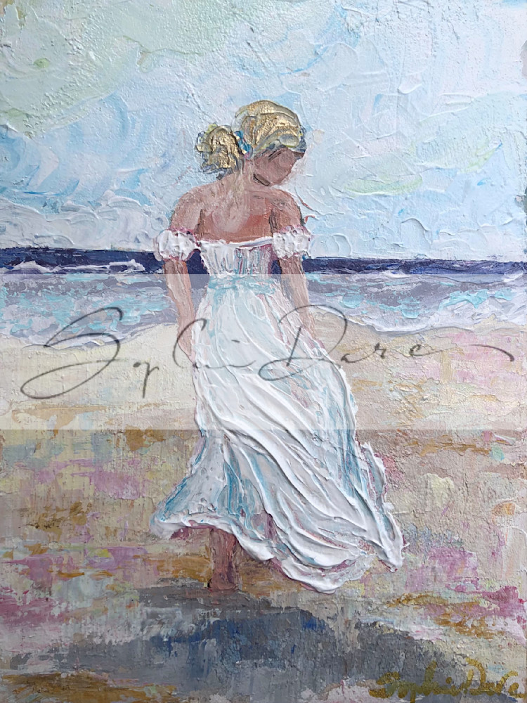 girl on beach white dress in the wind palette knife painting