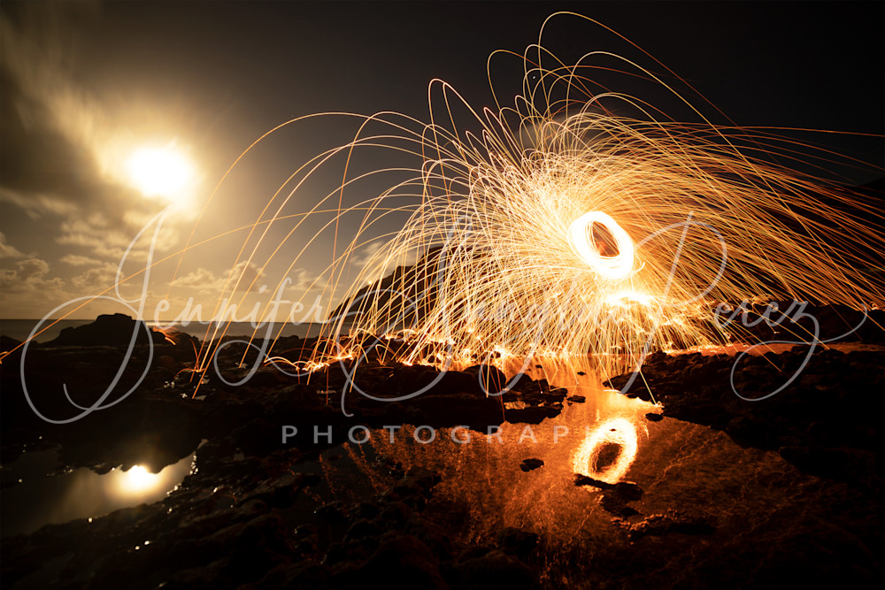 Steel Wool Under The Full Moon In Oahu Photography Art | Jennifer Sunglao Photography