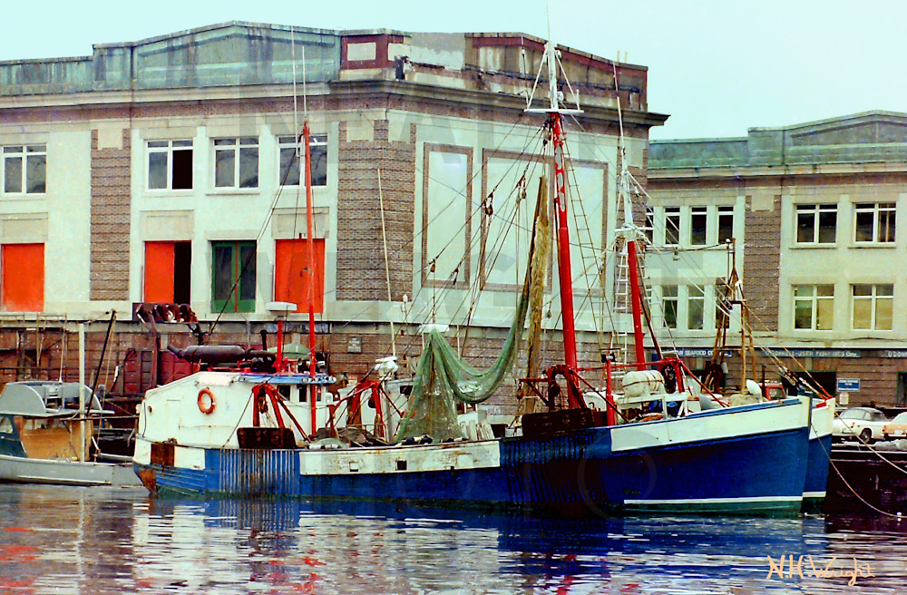 Boston Harbor Fishing Boats Docked Near Orange Doors Photography Art | NAS Ventures dba as Neal Wright Photography