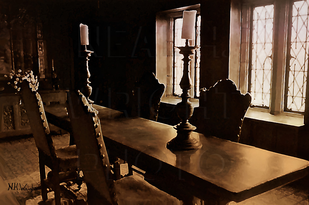 "Alone Again Finds Empty Sepia Castle Dining Hall"