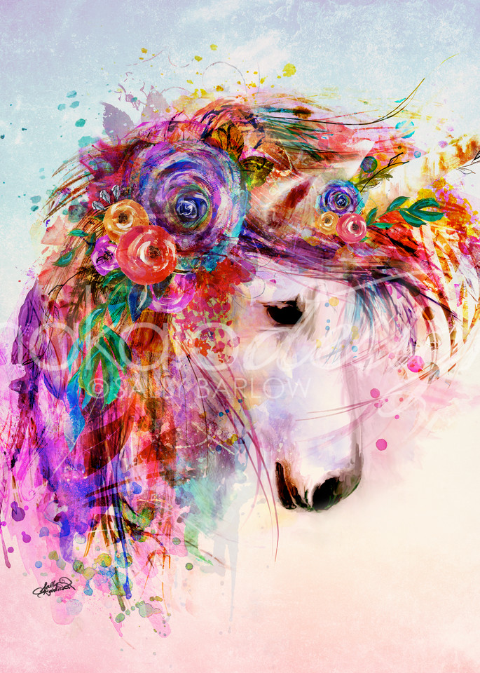 Unicorn art on watercolor background print by Sally Barlow