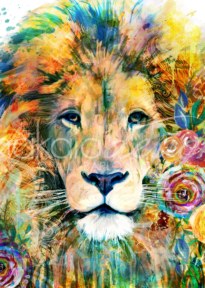 Bright and bold lion art from the garden of the wild series by Sally Barlow