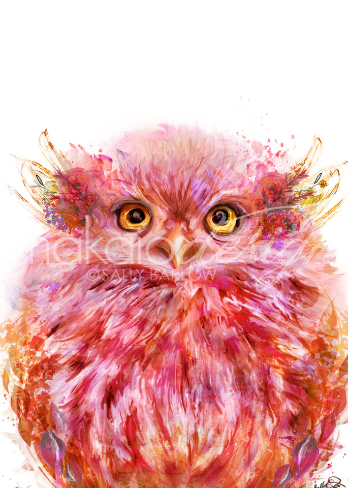 Coral pink fluffy baby owl art print by Sally Barlow