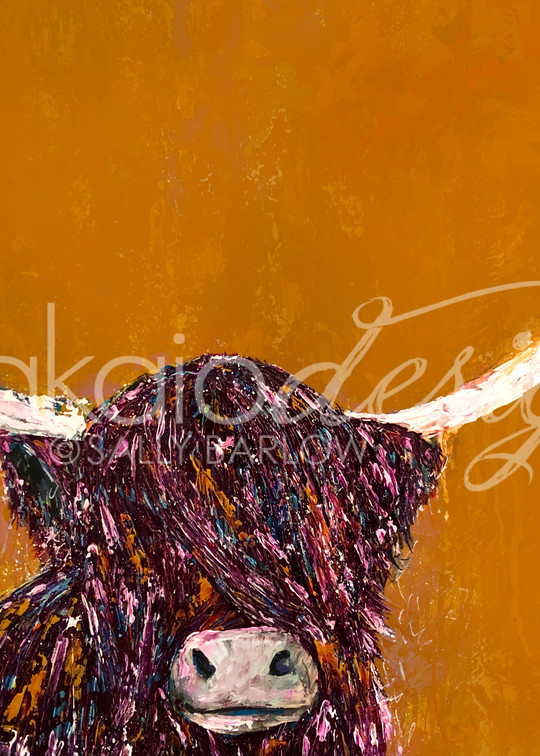 Colorful Highland Cow painting on mustard background