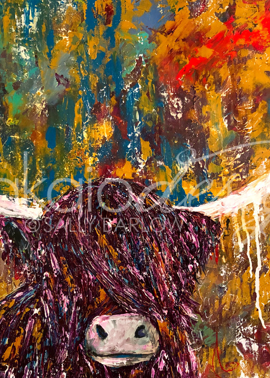 Highland Cow painting on colorful abstract background