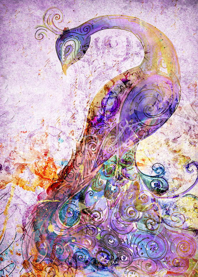 Mixed media purple peacock art by Sally Barlow