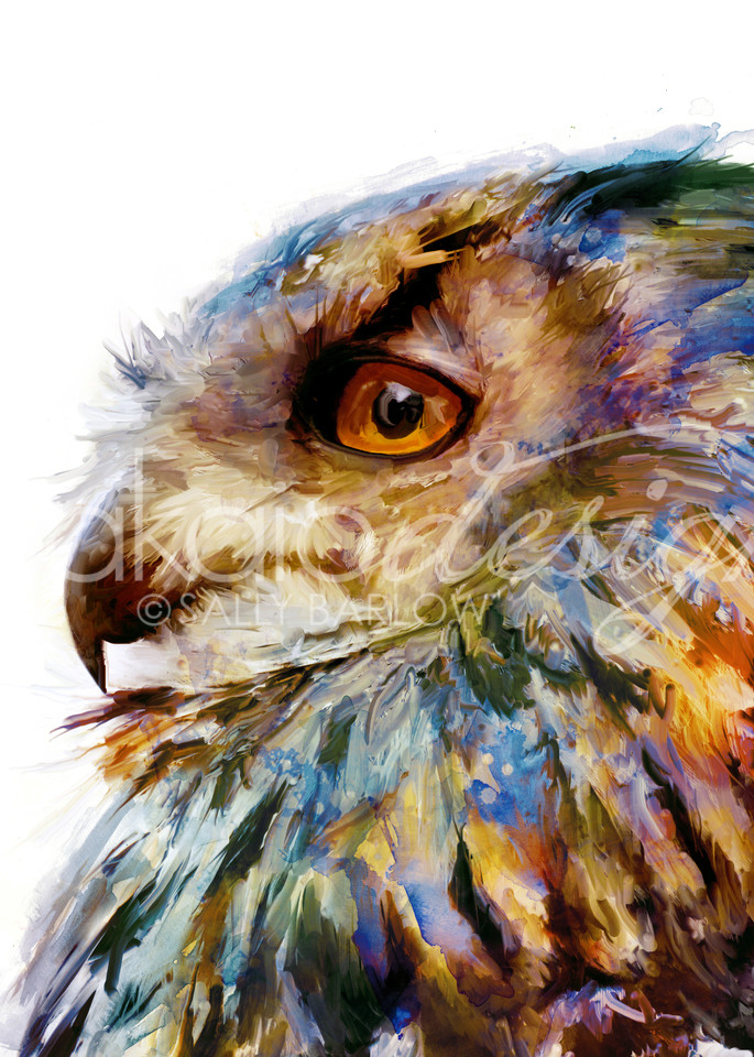 Unique colorful eurasian owl painting by sally barlow