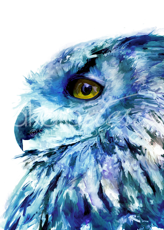 Unique eurasian owl painting in blue hues by sally barlow