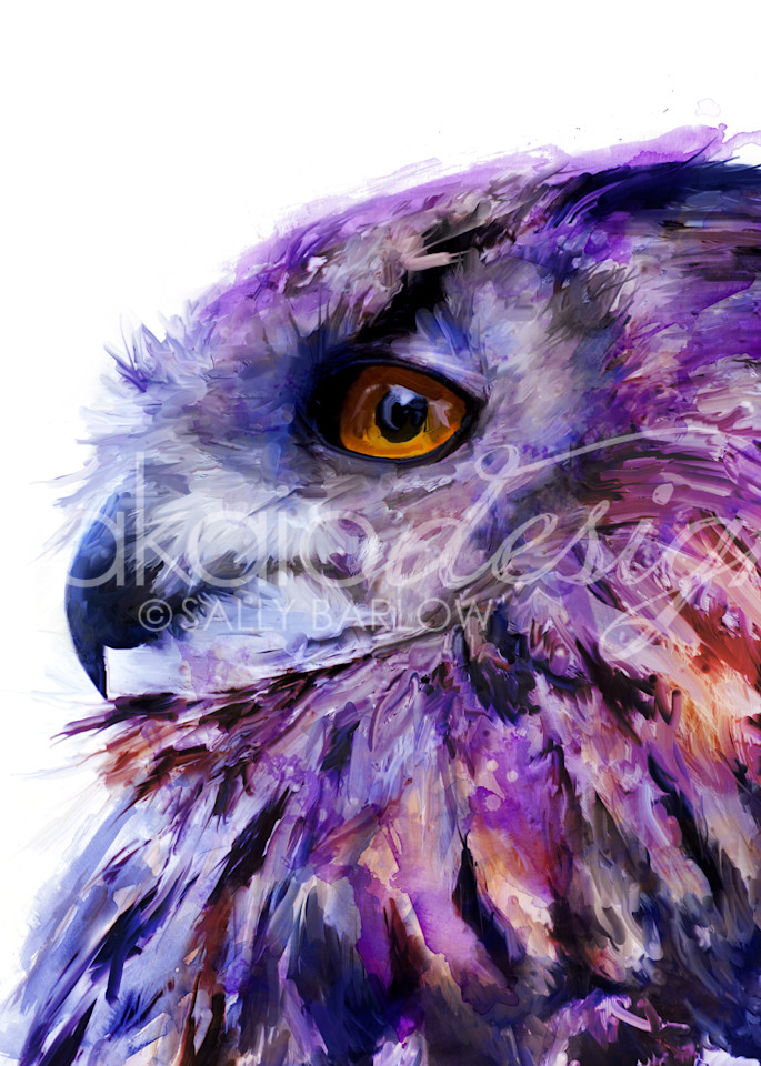 Unique purple eurasian owl painting by sally barlow