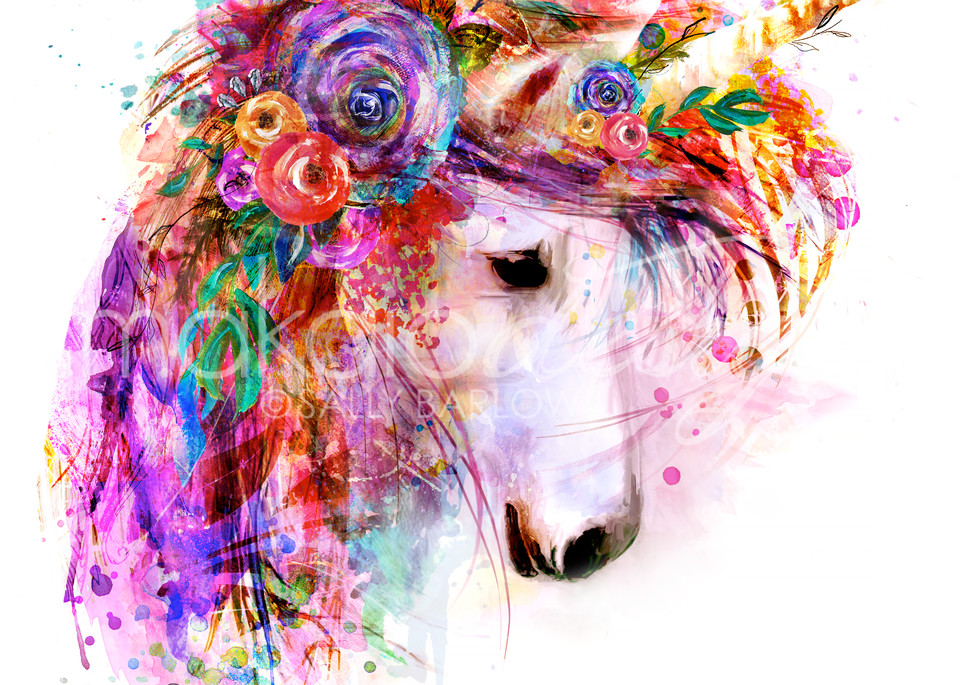 Bright unicorn art painting print by Sally Barlow