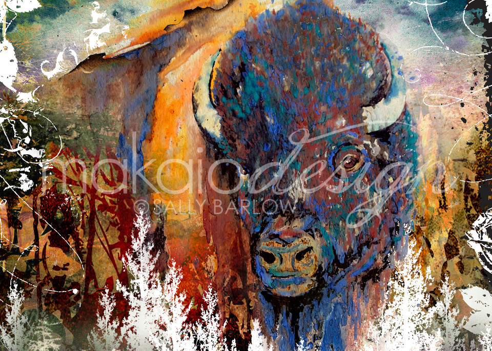 Buffalo Bison landscape mixed media painting by Sally Barlow