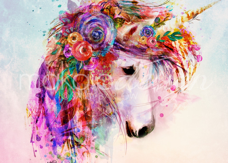 Unicorn art on watercolor background print by Sally Barlow