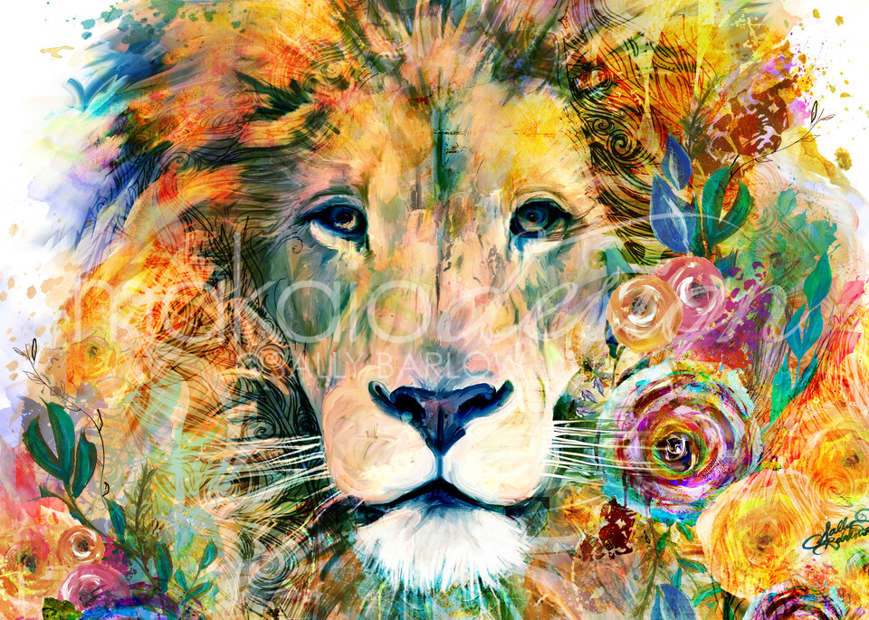 Bright and bold lion art from the garden of the wild series by Sally Barlow