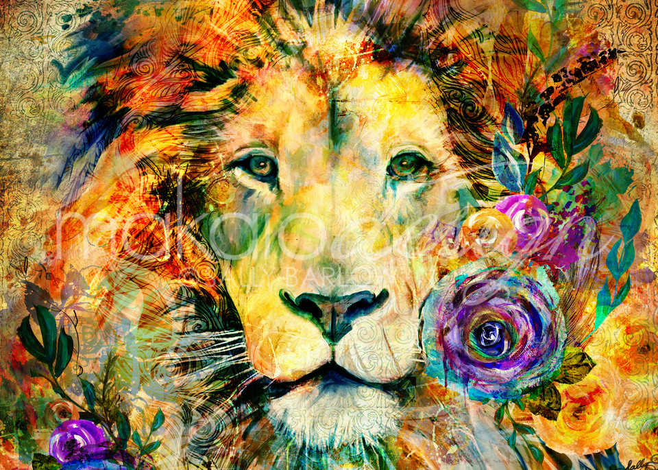 Garden of the Wild Series Lion Art mixed media painting by Sally Barlow