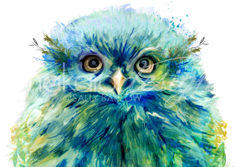 Baby green fluffy owl art print by Sally Barlow