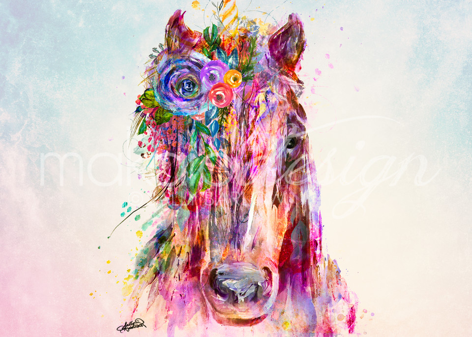 Unicorn painting on watercolor background print by Sally Barlow
