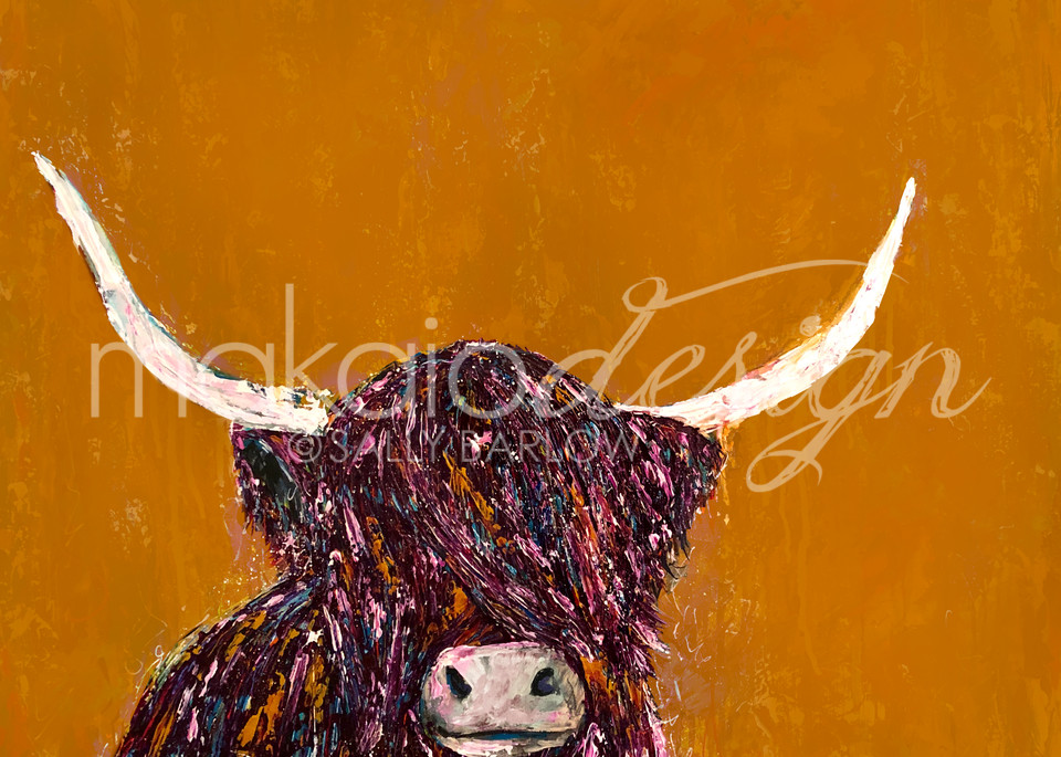 Colorful Highland Cow painting on mustard background