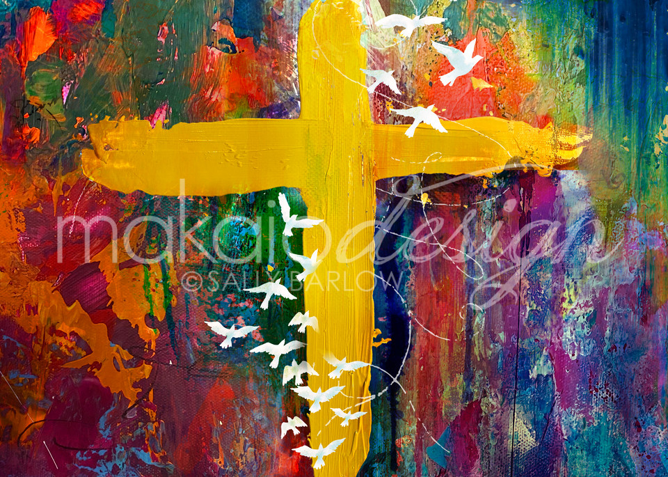 Colorful abstract cross art by Sally Barlow