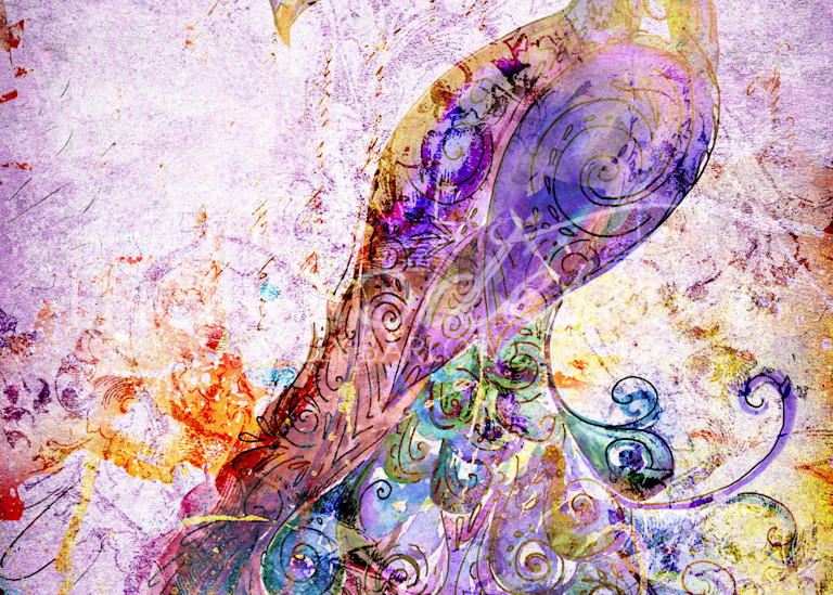 Mixed media purple peacock art by Sally Barlow