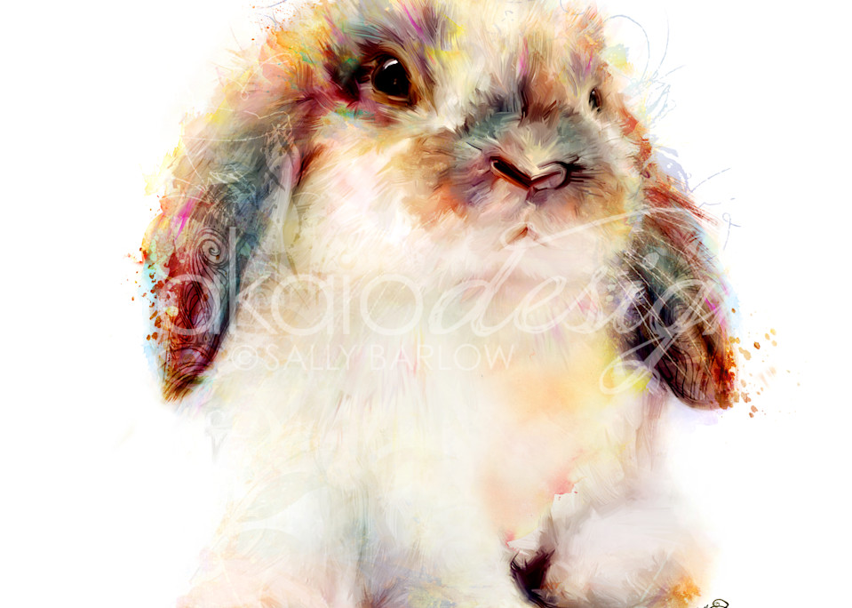Adorably fluffy bunny art painting by Sally Barlow