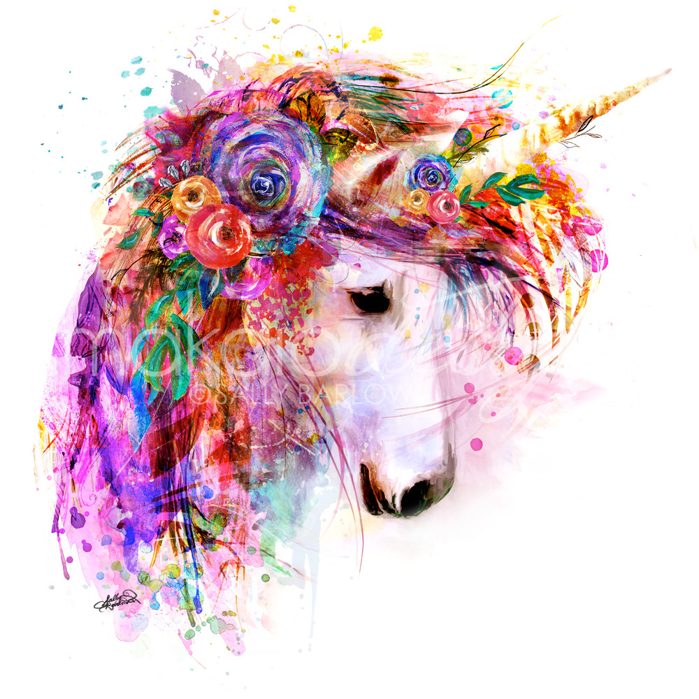 Bright unicorn art painting print by Sally Barlow Bright unicorn art painting print by Sally Barlow