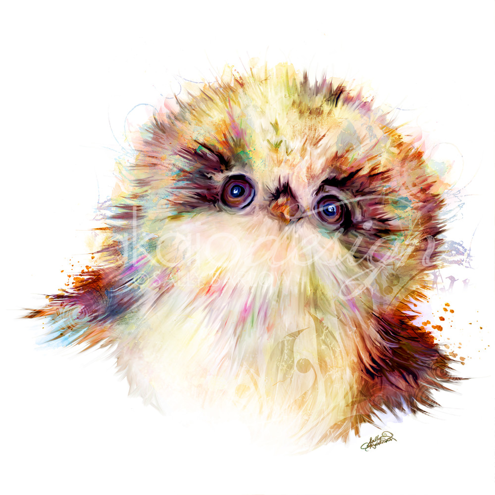 Fluffernutter baby fluffy owl adorable owl art painting by Sally Barlow