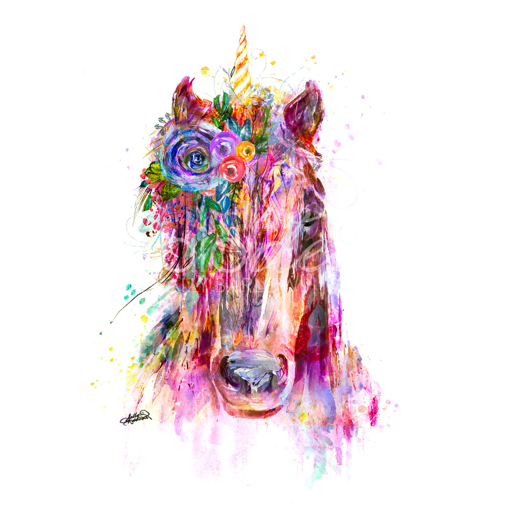 Bright unicorn art painting print by Sally Barlow